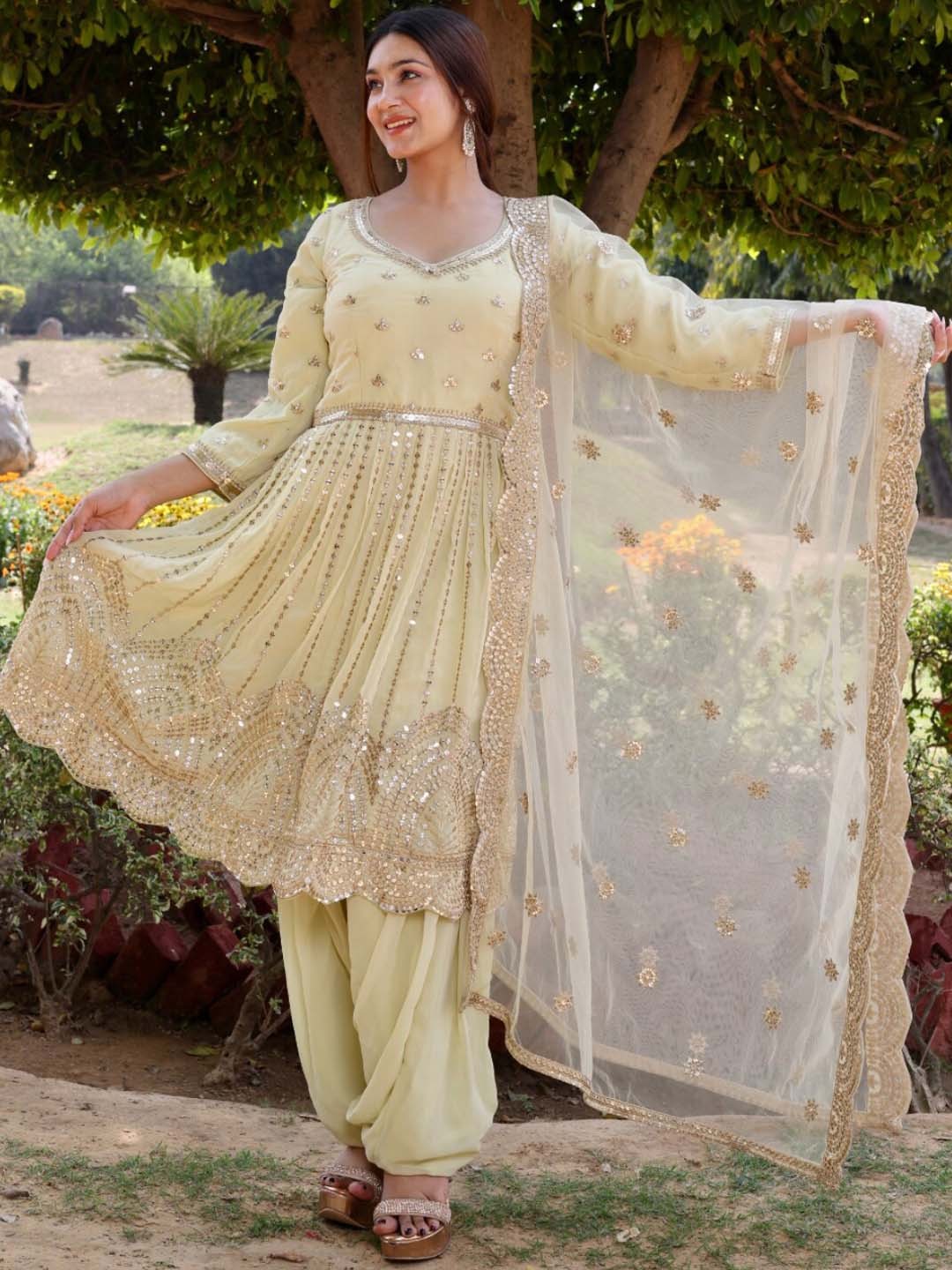 

Chhabra 555 Beige Embroidered Gota Patti Georgette Kurta With Patiala & Dupatta