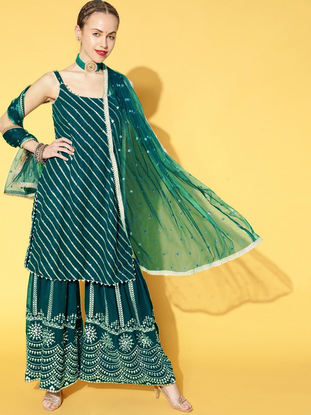 

Chhabra 555 Teal Blue Embroidered Shoulder Straps Kurta With Sharara & Dupatta