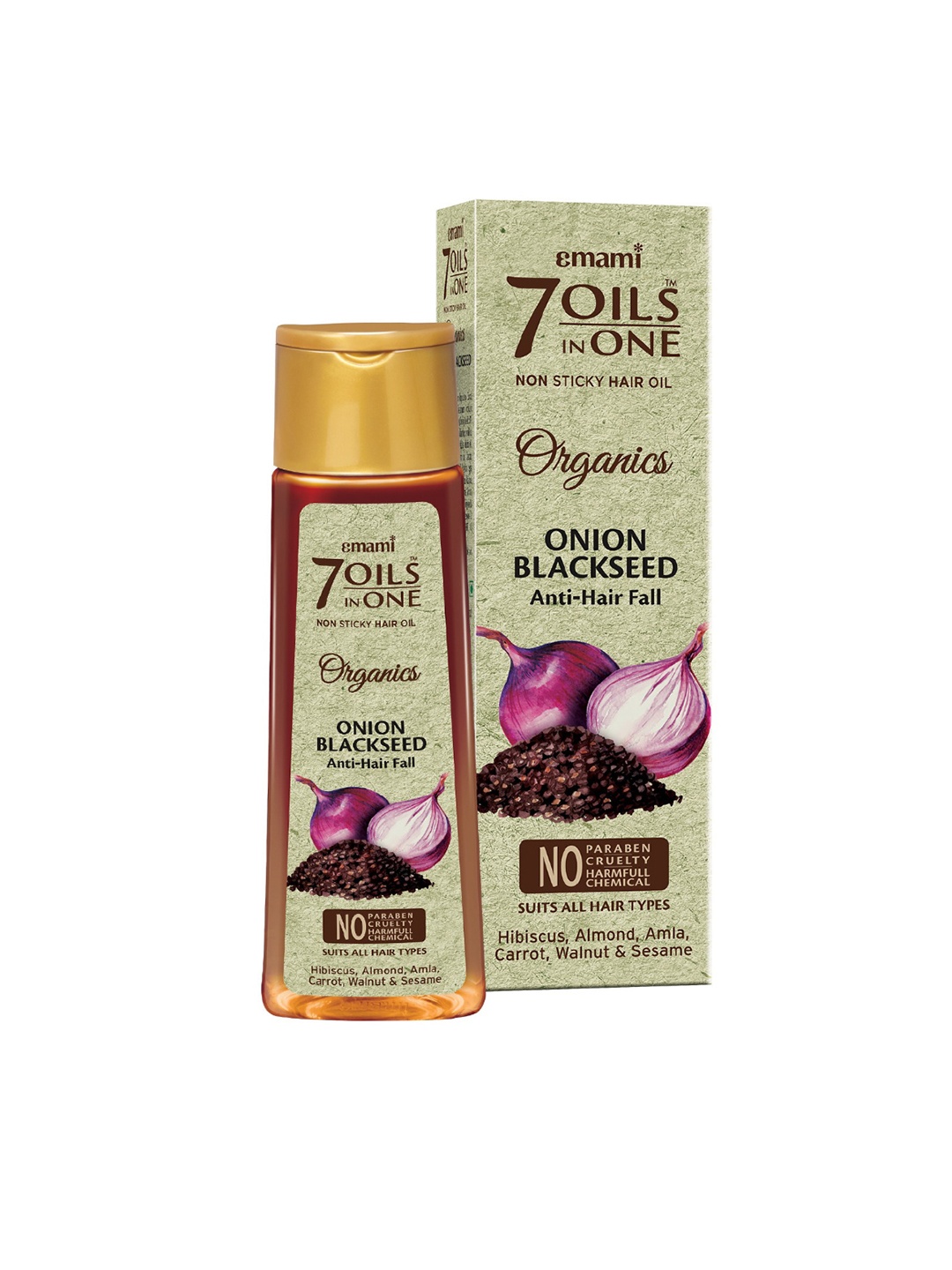 

Emami 7 OILS IN ONE Organics Onion & Blackseed Anti Hair Fall Non Sticky Hair Oil-200ml, Coffee brown
