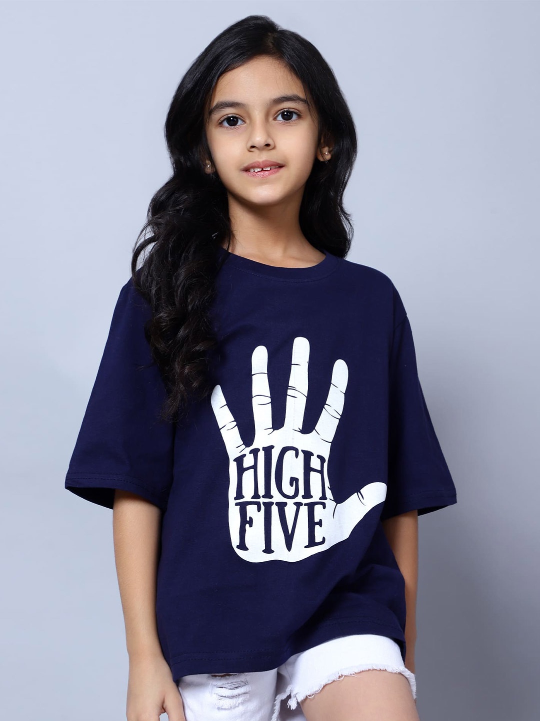 

Nick and Jones Girls Typography Printed Drop-Shoulder Sleeves Pure Cotton T-shirt, Navy blue