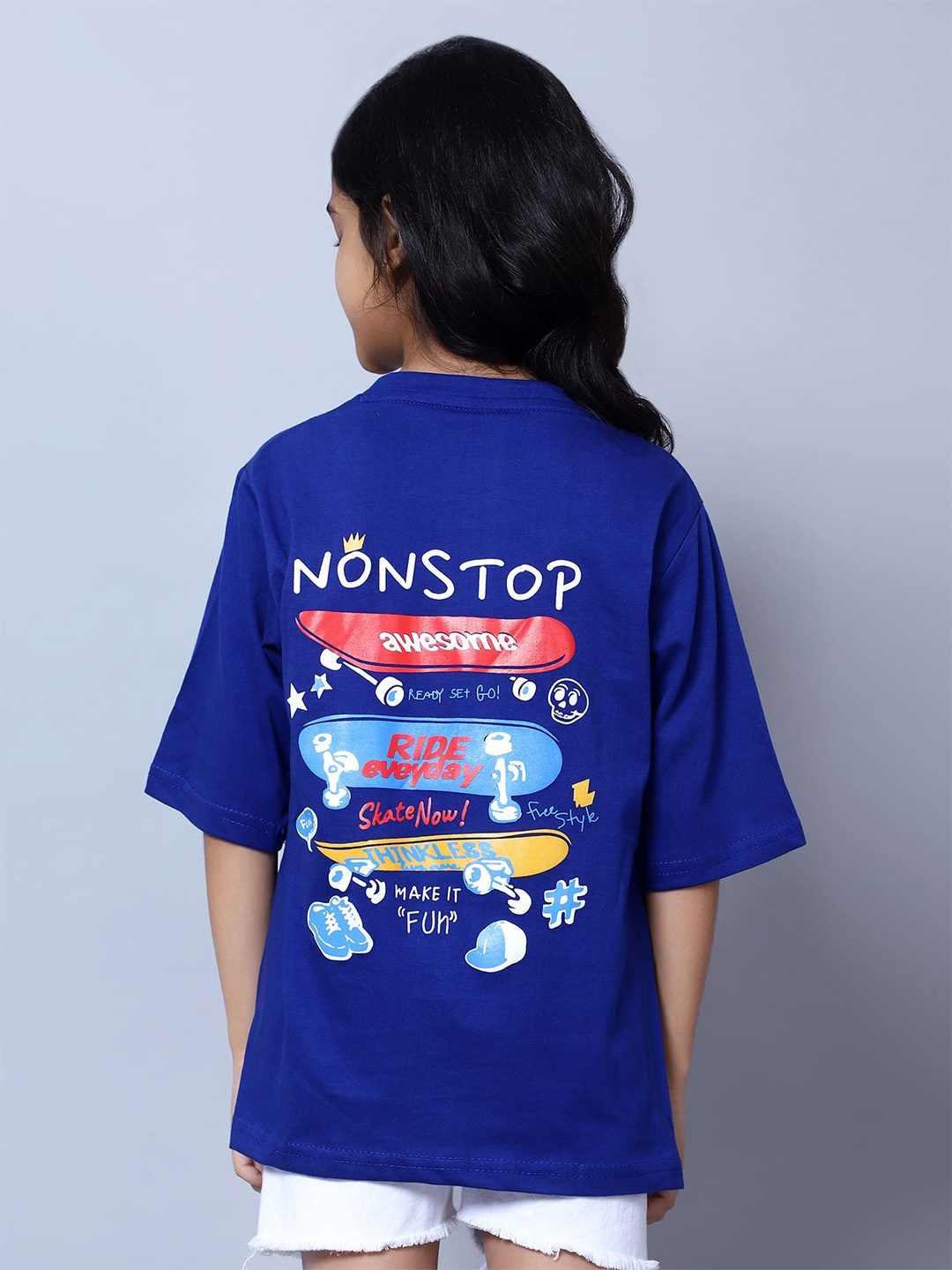 

Nick and Jones Girls Graphic Printed Extended Sleeves Pure Cotton T-shirt, Blue