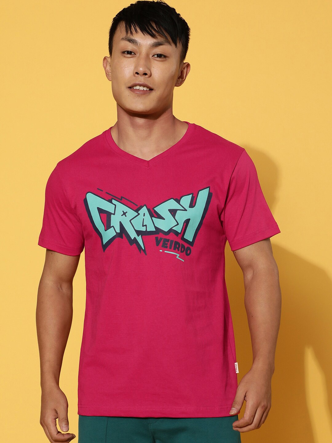 

VEIRDO Magenta V-Neck Typography Printed Cotton T-Shirt, Pink