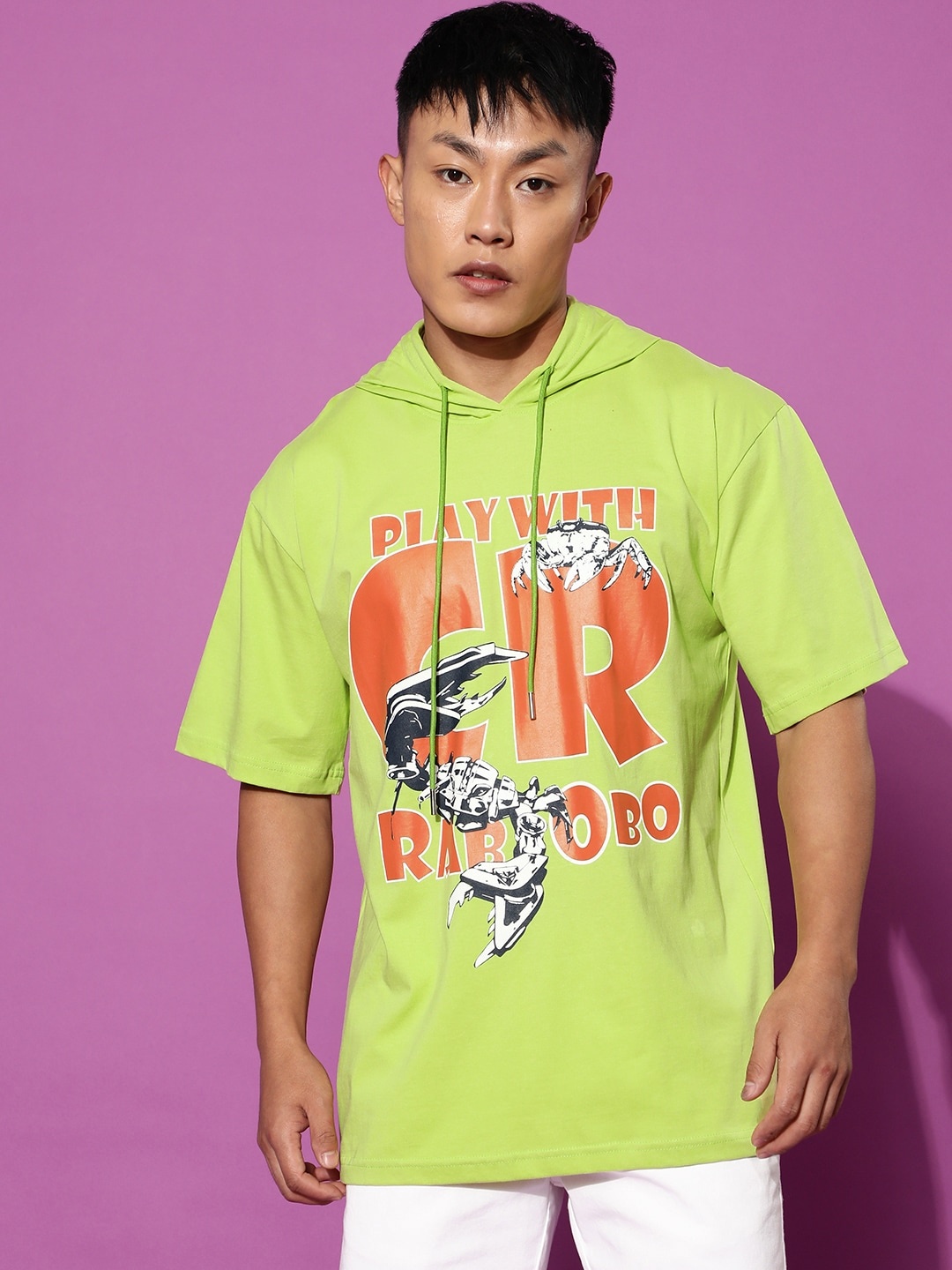 

VEIRDO Lime Green Typography Printed Hooded Cotton Oversize T-Shirt