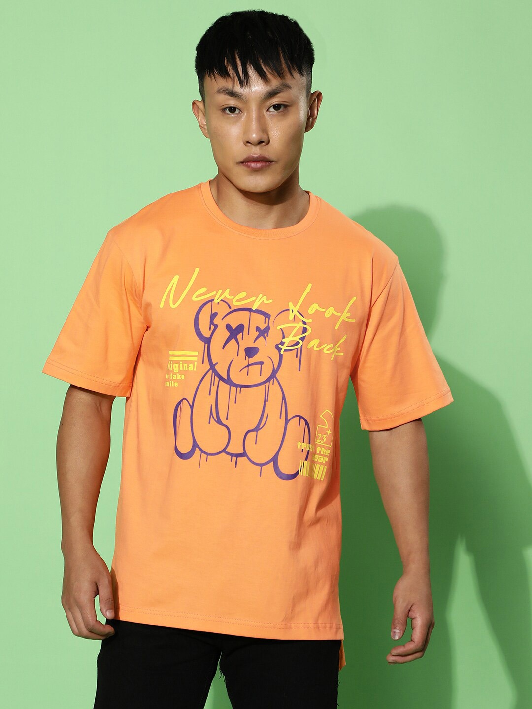 

VEIRDO Orange Graphic Printed Oversized Cotton Casual T-Shirt