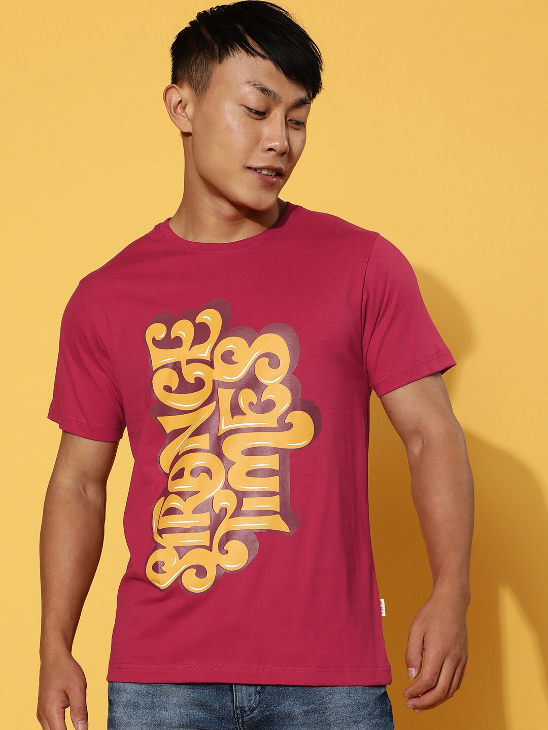 

VEIRDO Magenta Typography Printed Cotton Casual T-Shirt