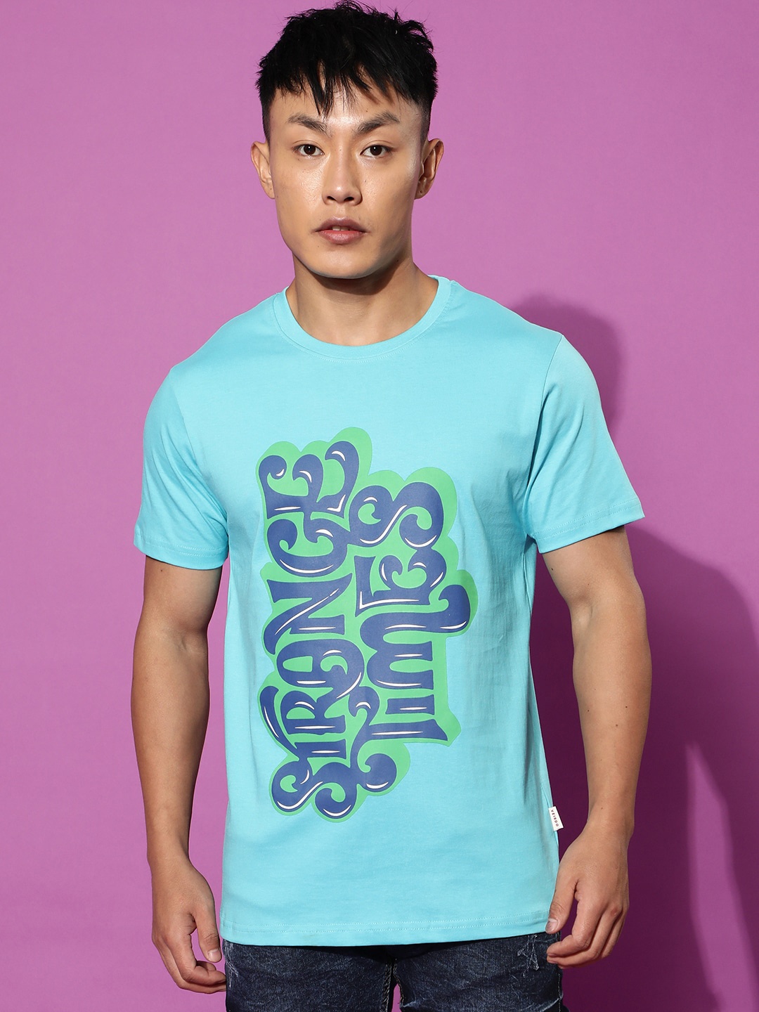 

VEIRDO Blue Typography Printed Cotton Casual T-Shirt
