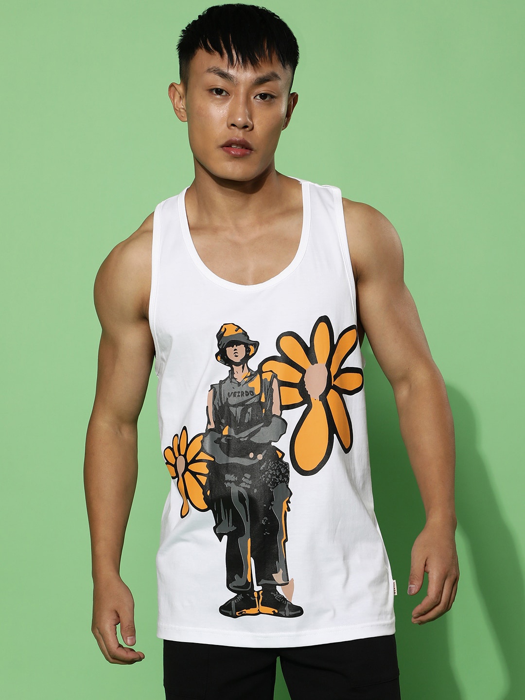 VEIRDO White Graphic Printed Sleeveless Cotton T-Shirt