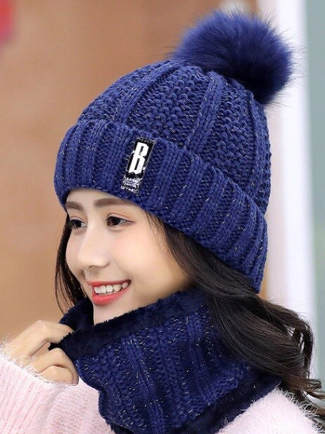 

Alexvyan Women Wind Proof Thermal Acrylic Fleece Beanie With Scarf, Blue