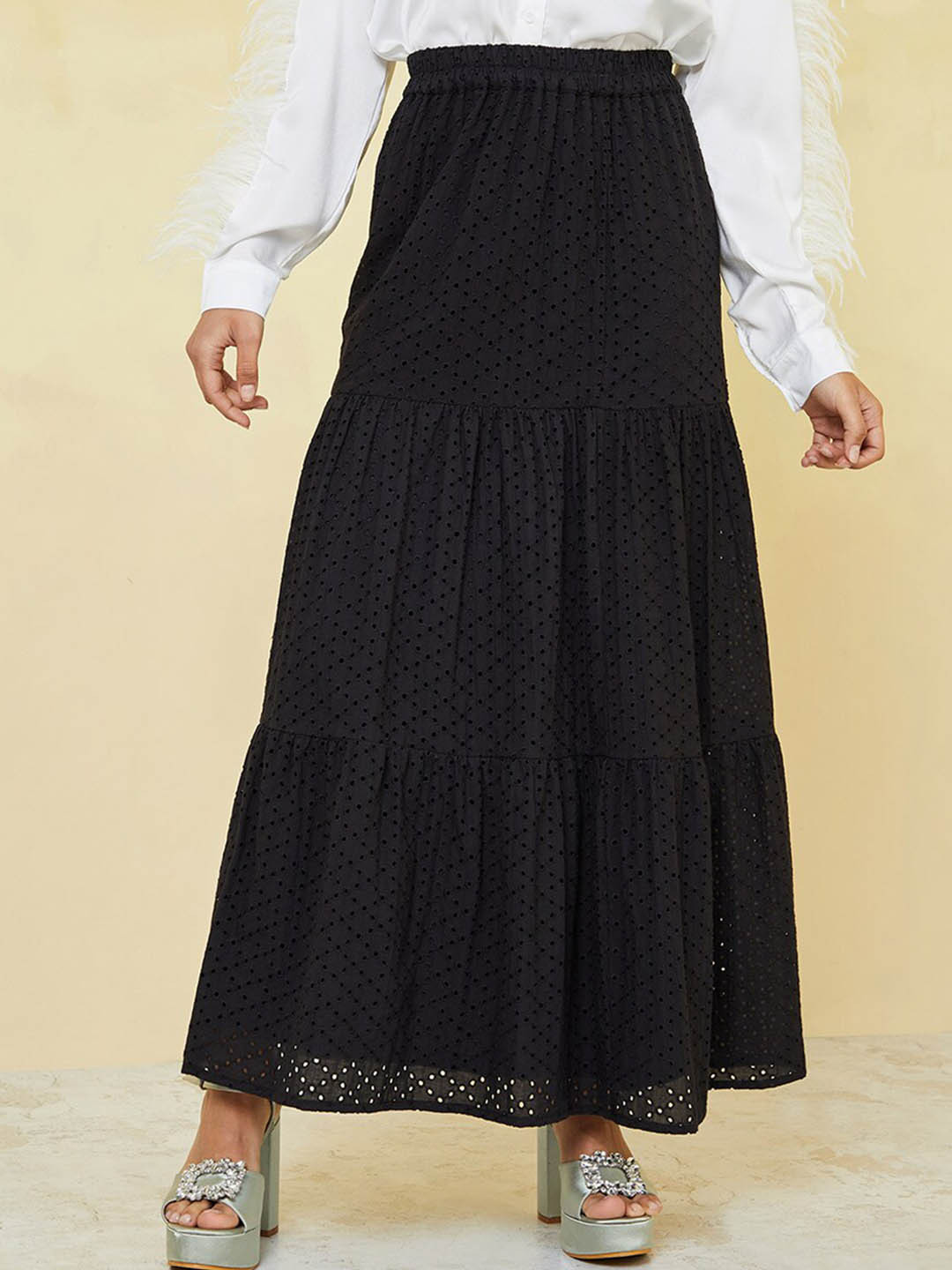 

Styli Schiffli Pure Cotton Tiered Maxi Skirt, Black