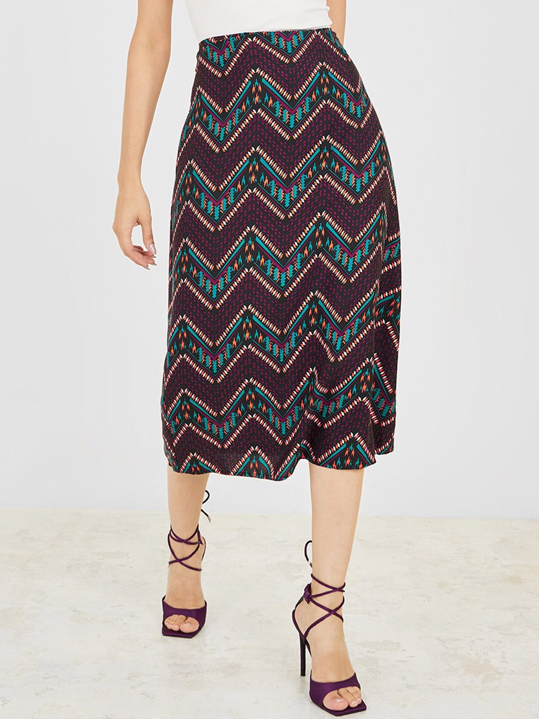 

Styli Tribal Printed A Line Midi Length Skirt, Black