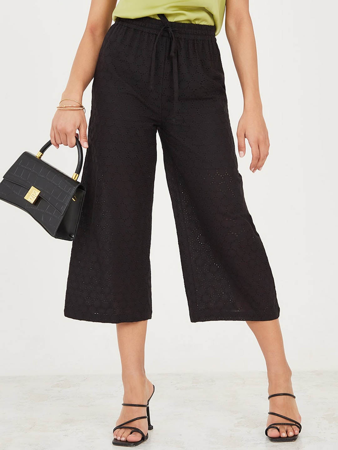 

Styli Women Self Design Flared High-Rise Culottes, Black
