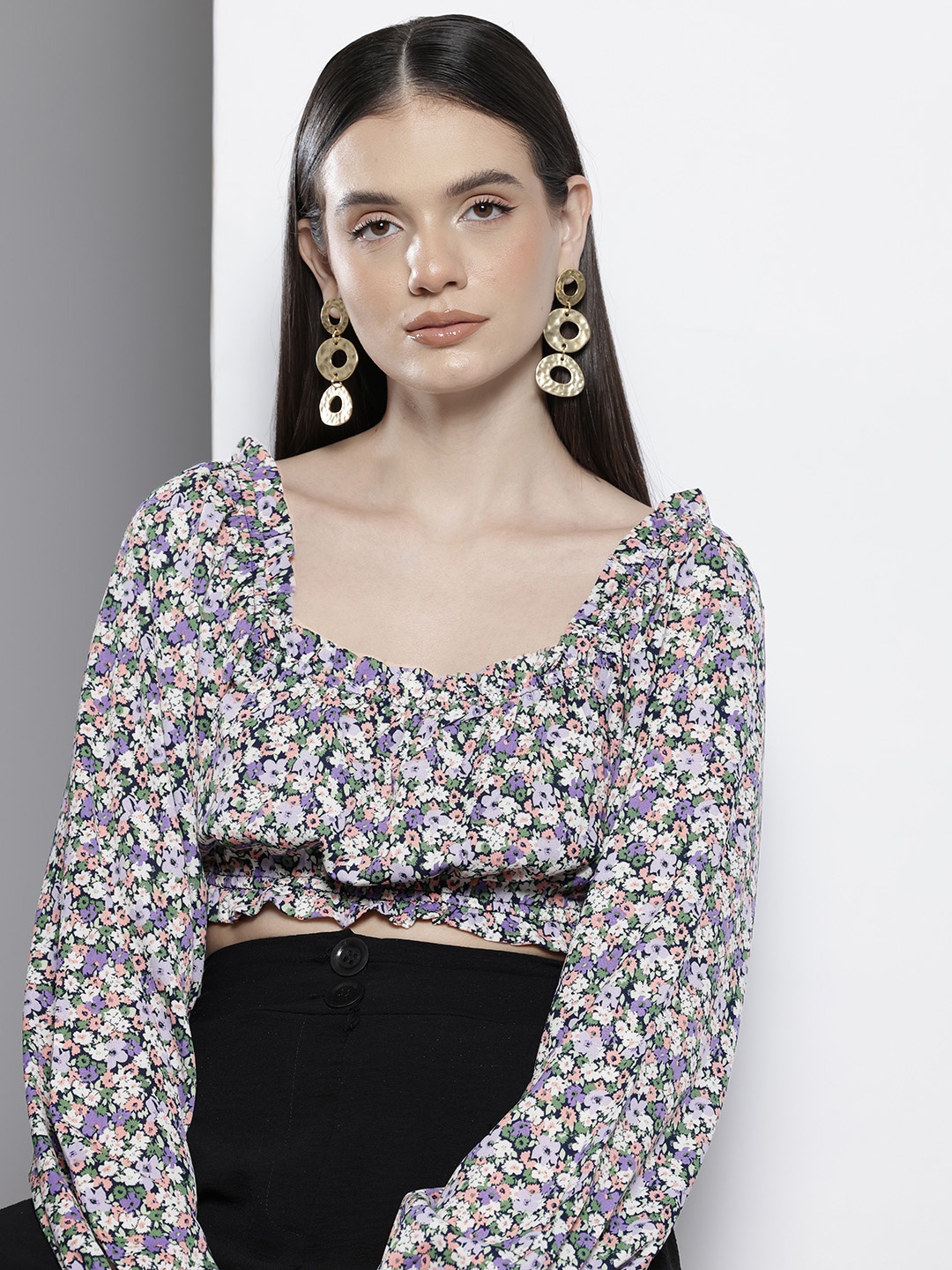 

NA-KD Floral Print Ruffles Blouson Crop Top, Multi