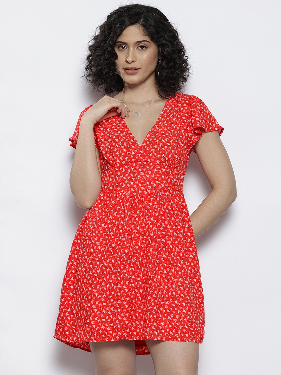 

NA-KD Printed Flutter Sleeve Mini Fit & Flare Dress, Red