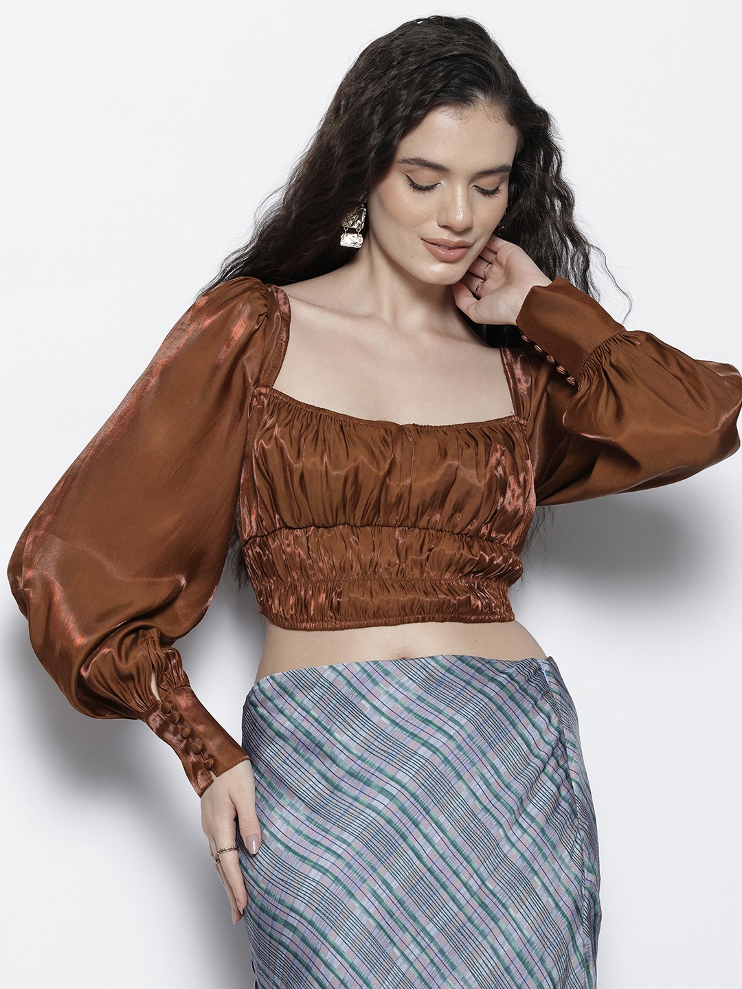 

NA-KD Puff Sleeves Smocked Crop Top, Rust