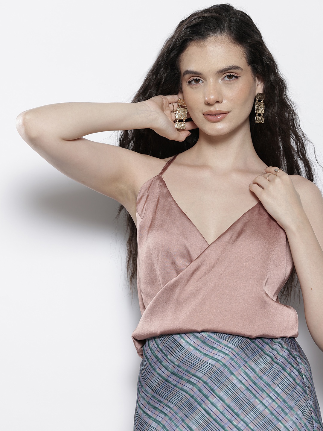 

NA-KD Satin Finish Shoulder Straps Wrap Top, Pink