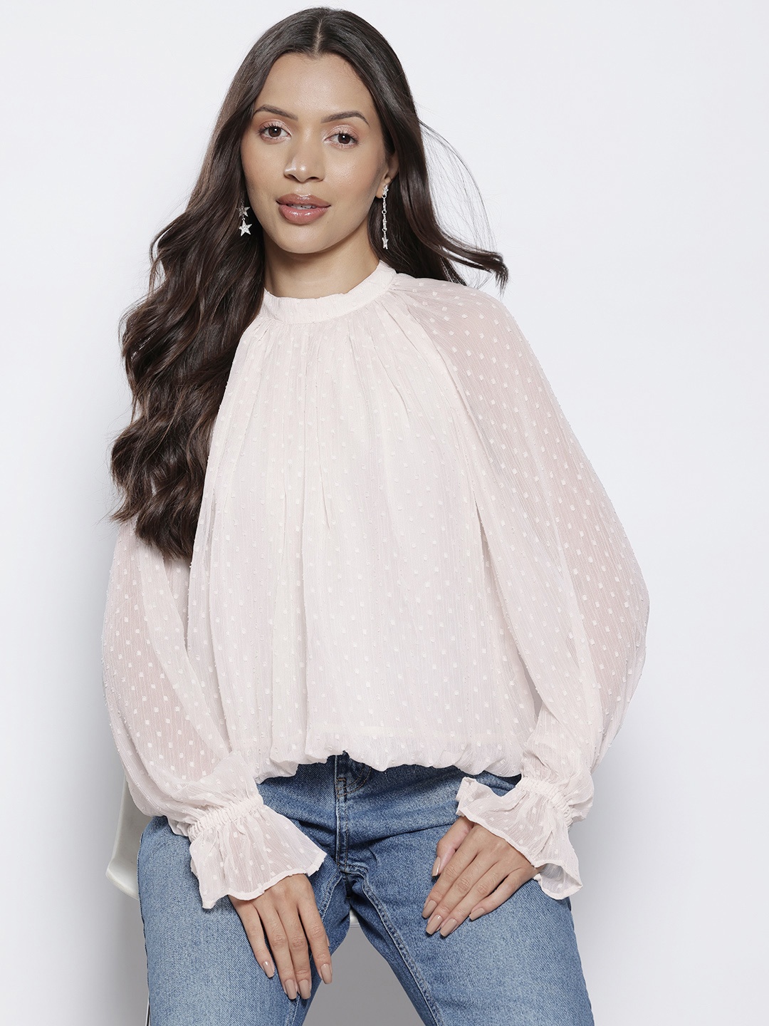 

NA-KD Dobby Puff Sleeve Semi-Sheer Top, Off white