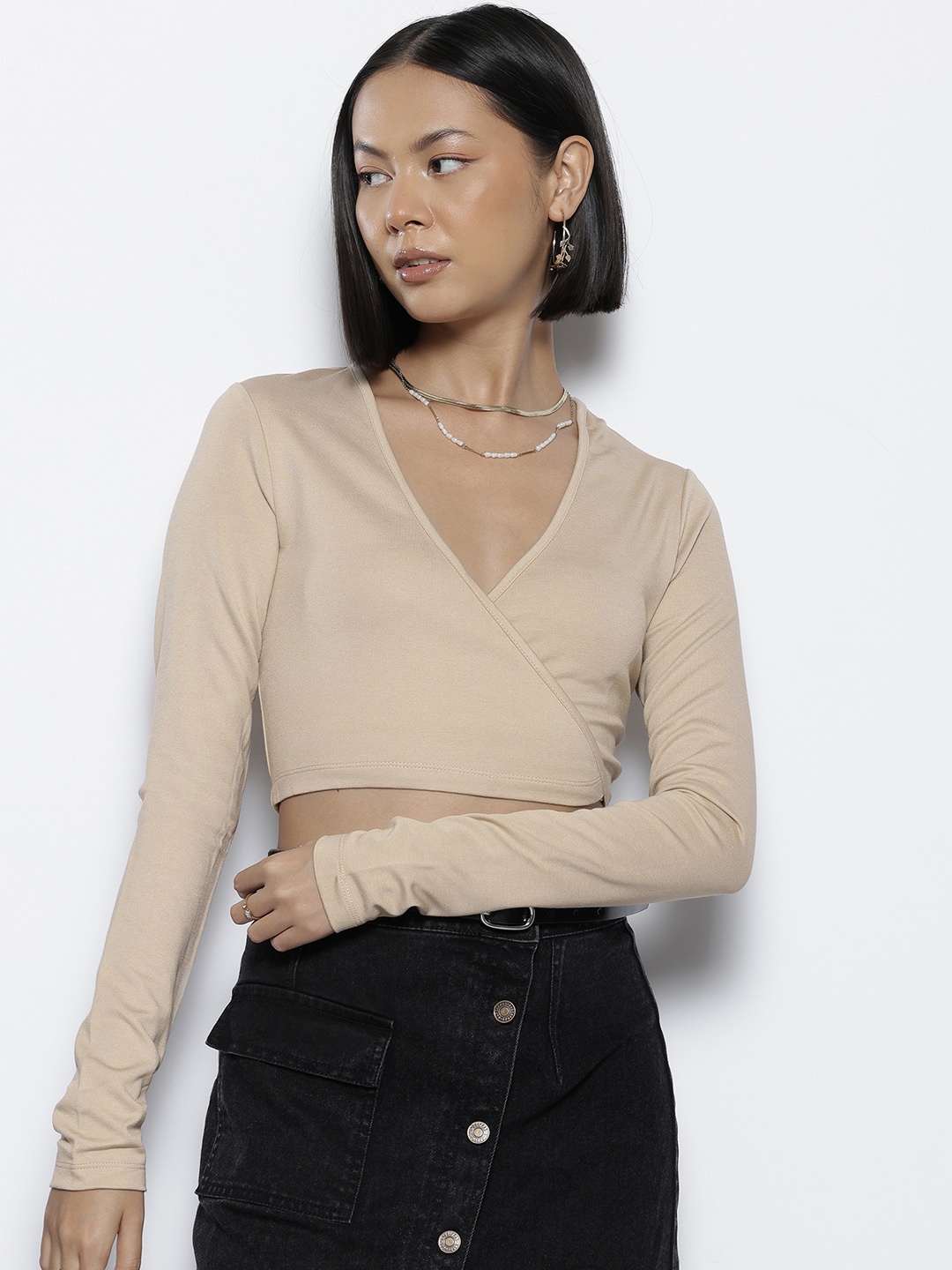 

NA-KD Wrap Style Crop Top, Beige