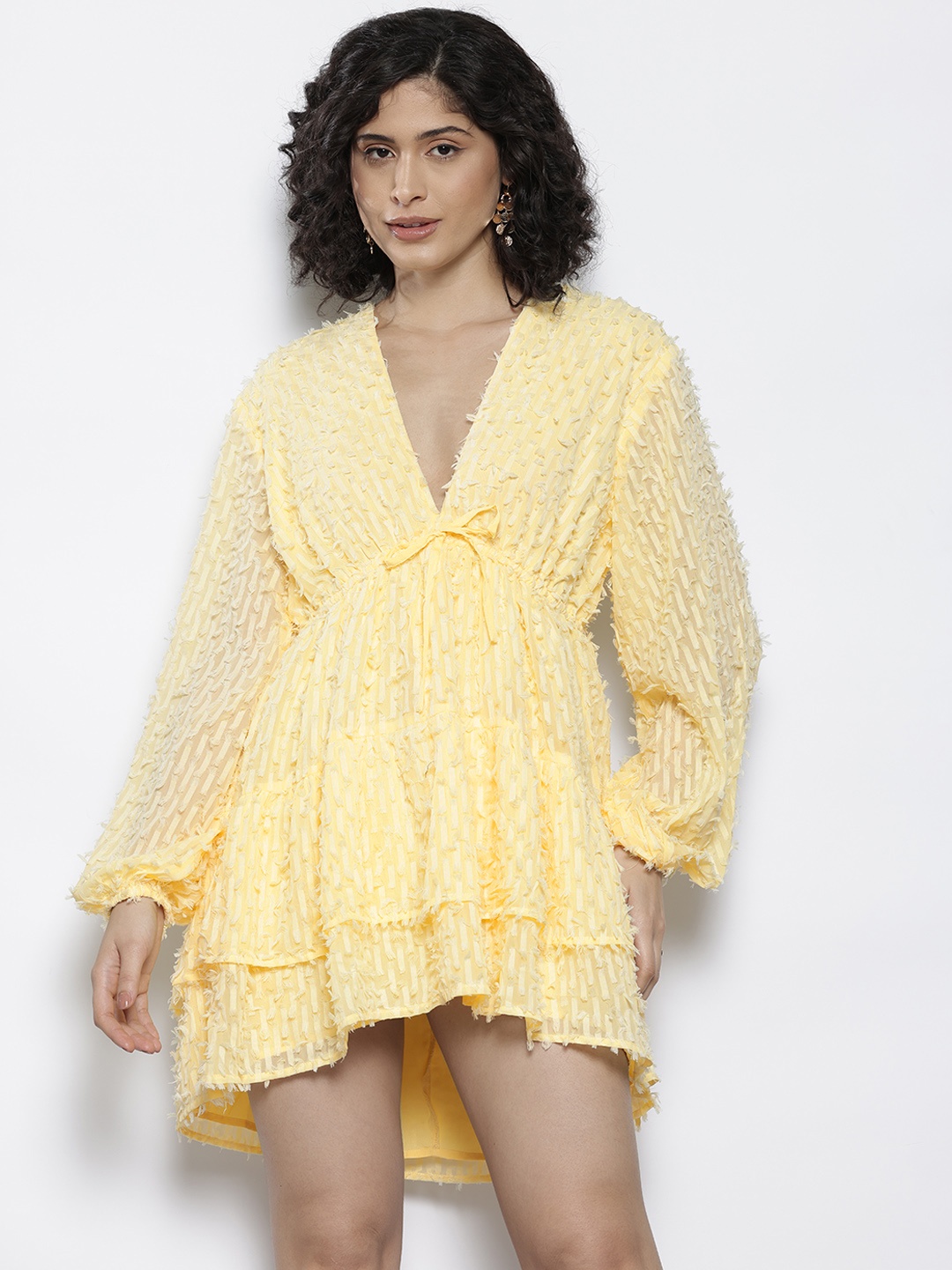 

NA-KD Deep V-Neck Puff Sleeves Textured Empire Mini Dress, Yellow