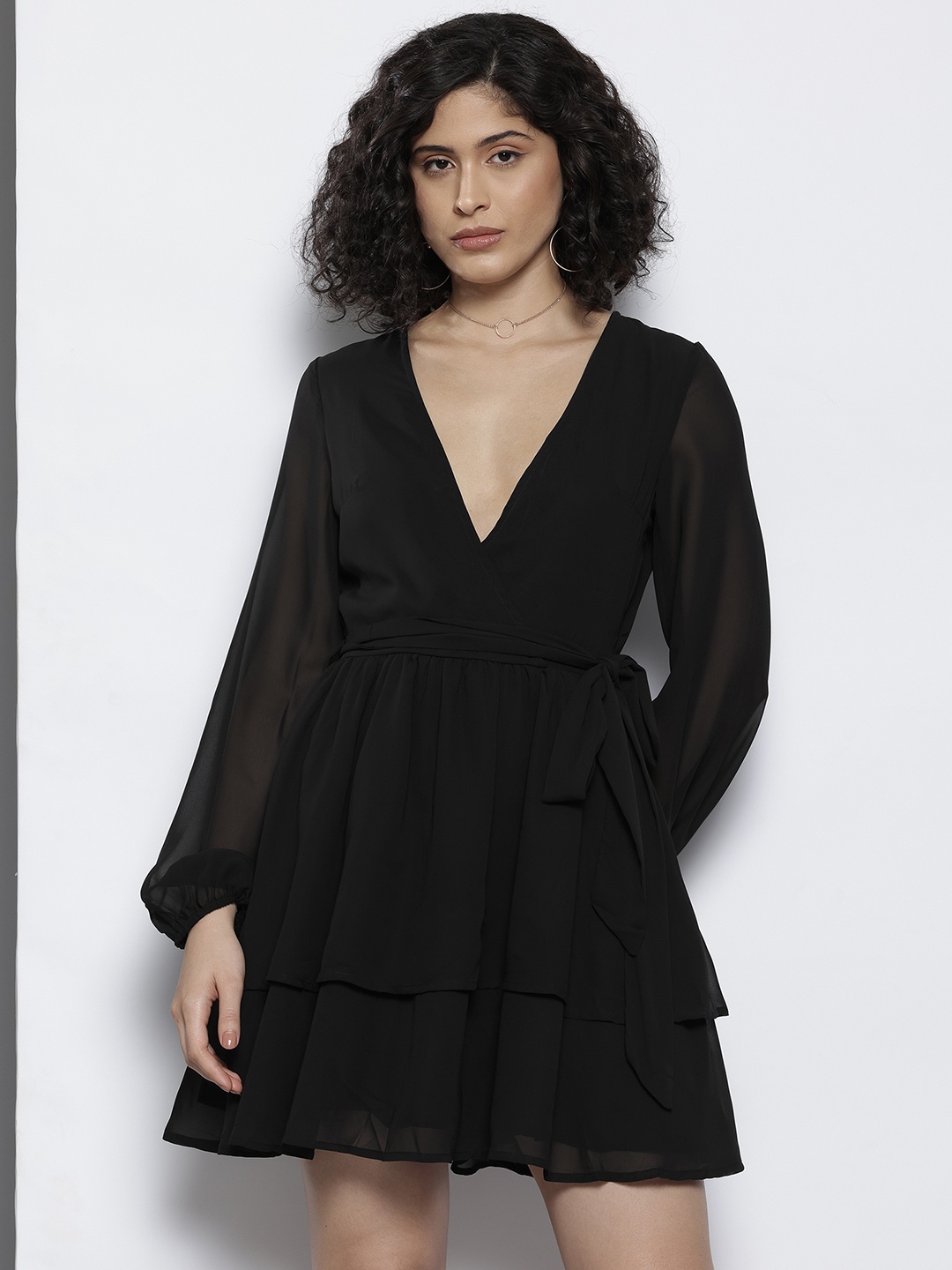 

NA-KD Puff Sleeves Layered Mini Wrap Dress with Belt, Black