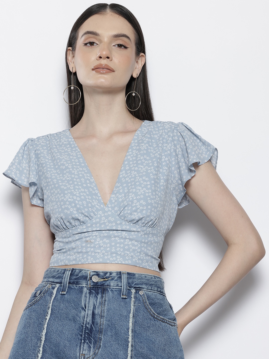 

NA-KD Floral Print Flutter Sleeve Plunge Neck Top, Blue
