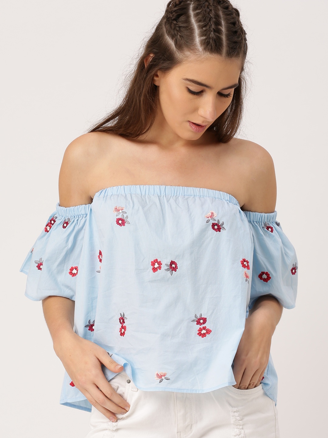 

Ms. Taken by Kriti Sanon Women Blue Self-Design Bardot Pure Cotton Top