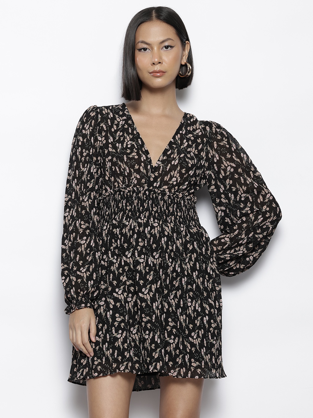 

NA-KD Floral Print Puff Sleeve Fit & Flare Dress, Black