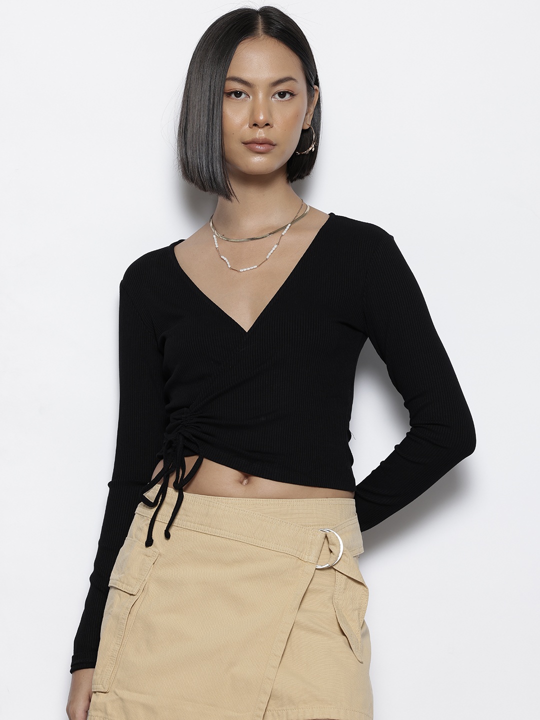 

NA-KD Drawstring Detail Wrap Crop Top, Black