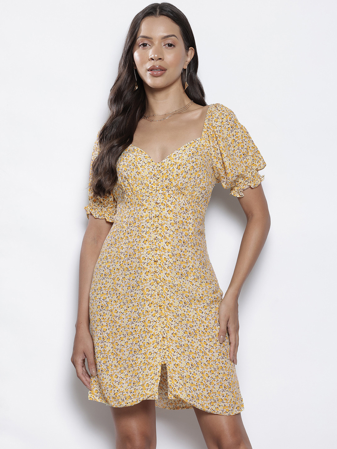 

NA-KD Floral Print Puff Sleeve Sheath Dress, Yellow