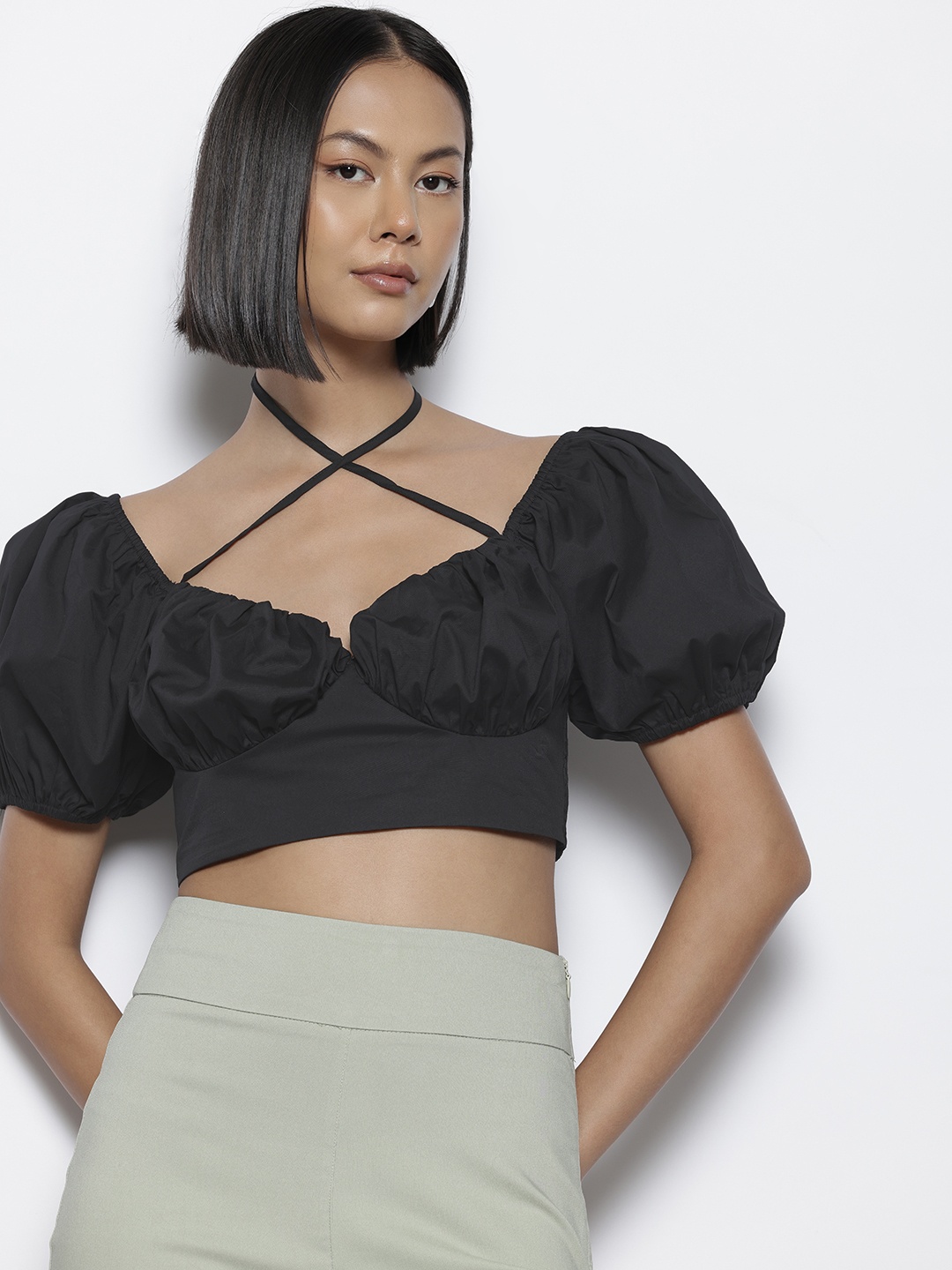 

NA-KD Sweetheart Tie-Up Neck Cotton Empire Crop Top, Black