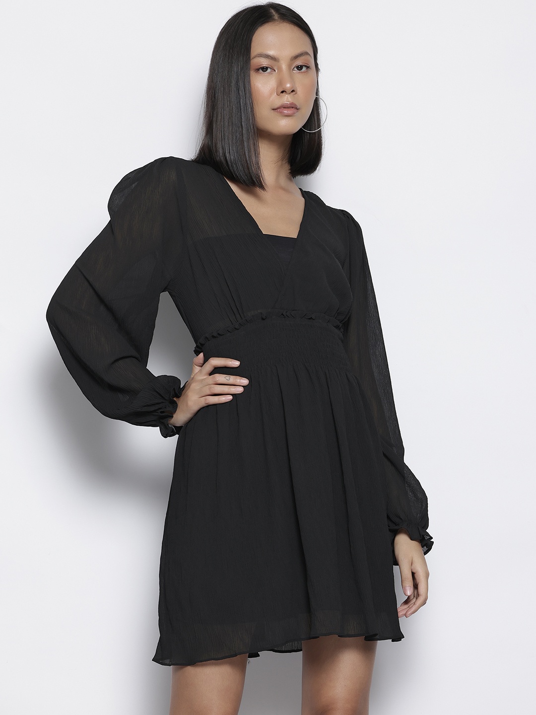 

NA-KD Puff Sleeve Ruffled Fit & Flare Mini Dress, Black