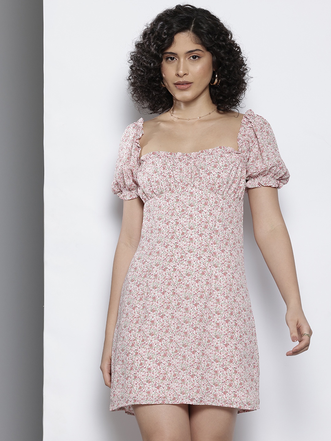 

NA-KD Floral Print Puff Sleeve Mini Dress, Pink