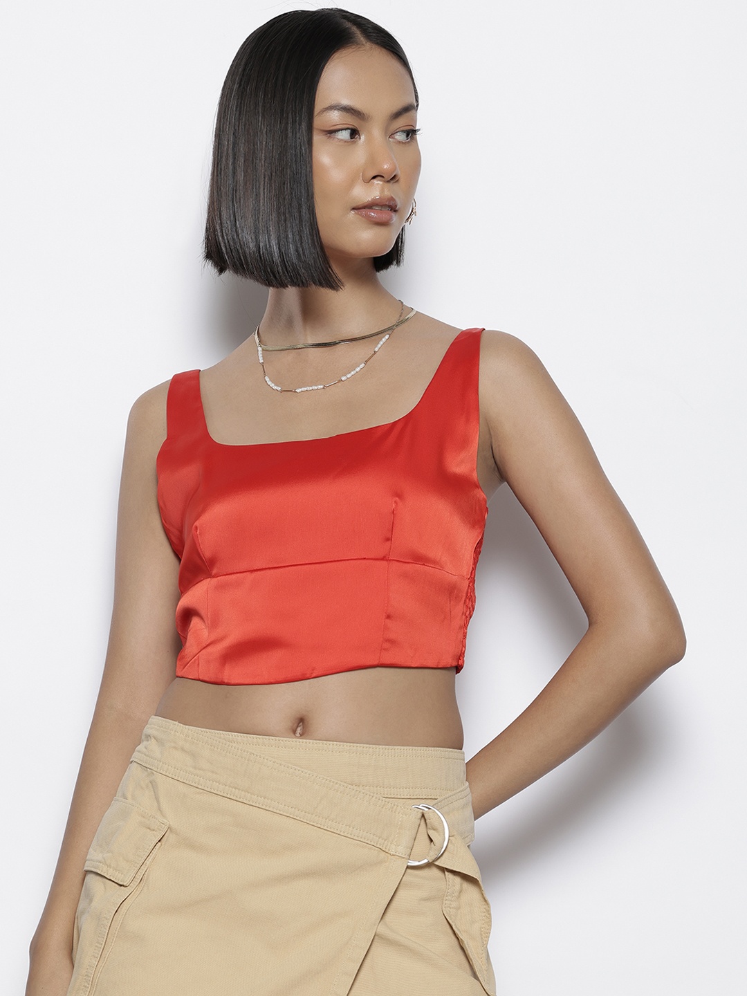 

NA-KD Smocked Satin Crop Top, Orange