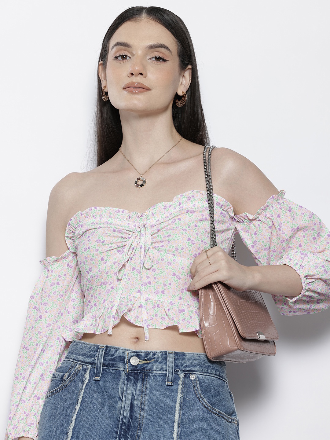 

NA-KD Floral Print Off-Shoulder Bardot Crop Top, White