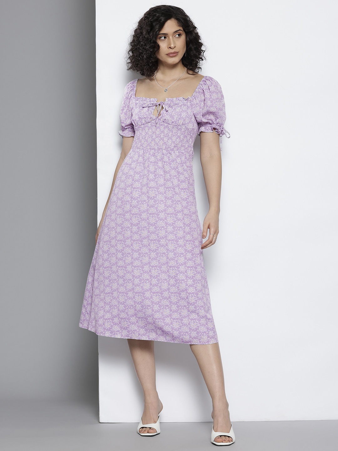 

NA-KD Floral Print Tie-Up Neck Puff Sleeve Midi Fit & Flare Dress, Lavender