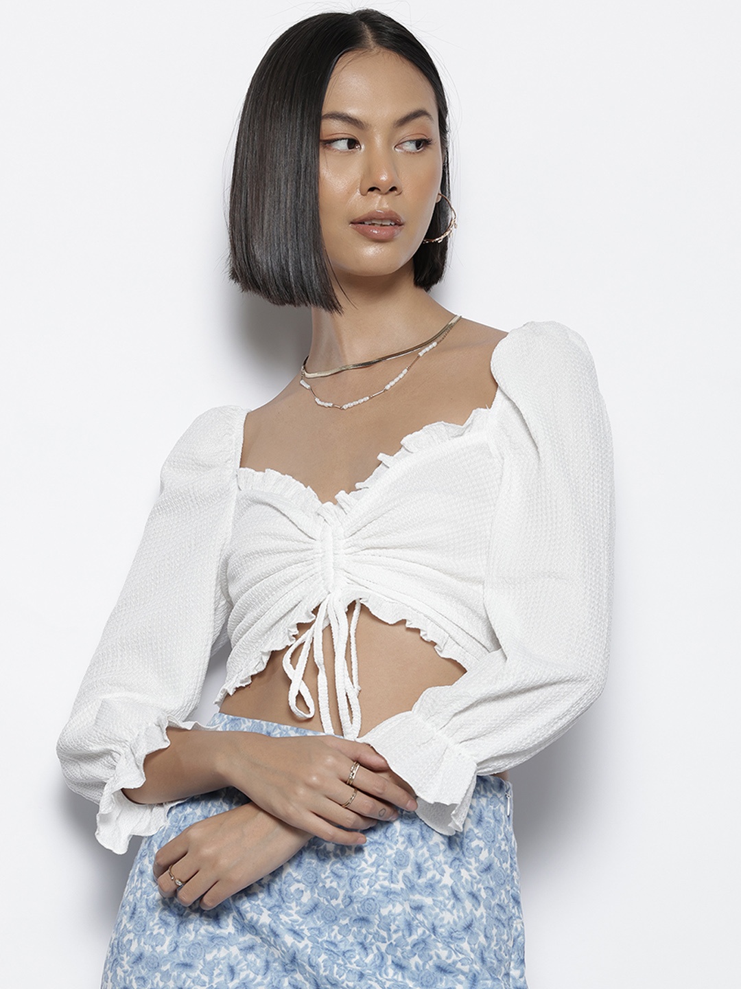 

NA-KD Sweetheart Neck Drawstring Detail Crepe Crop Top, Off white
