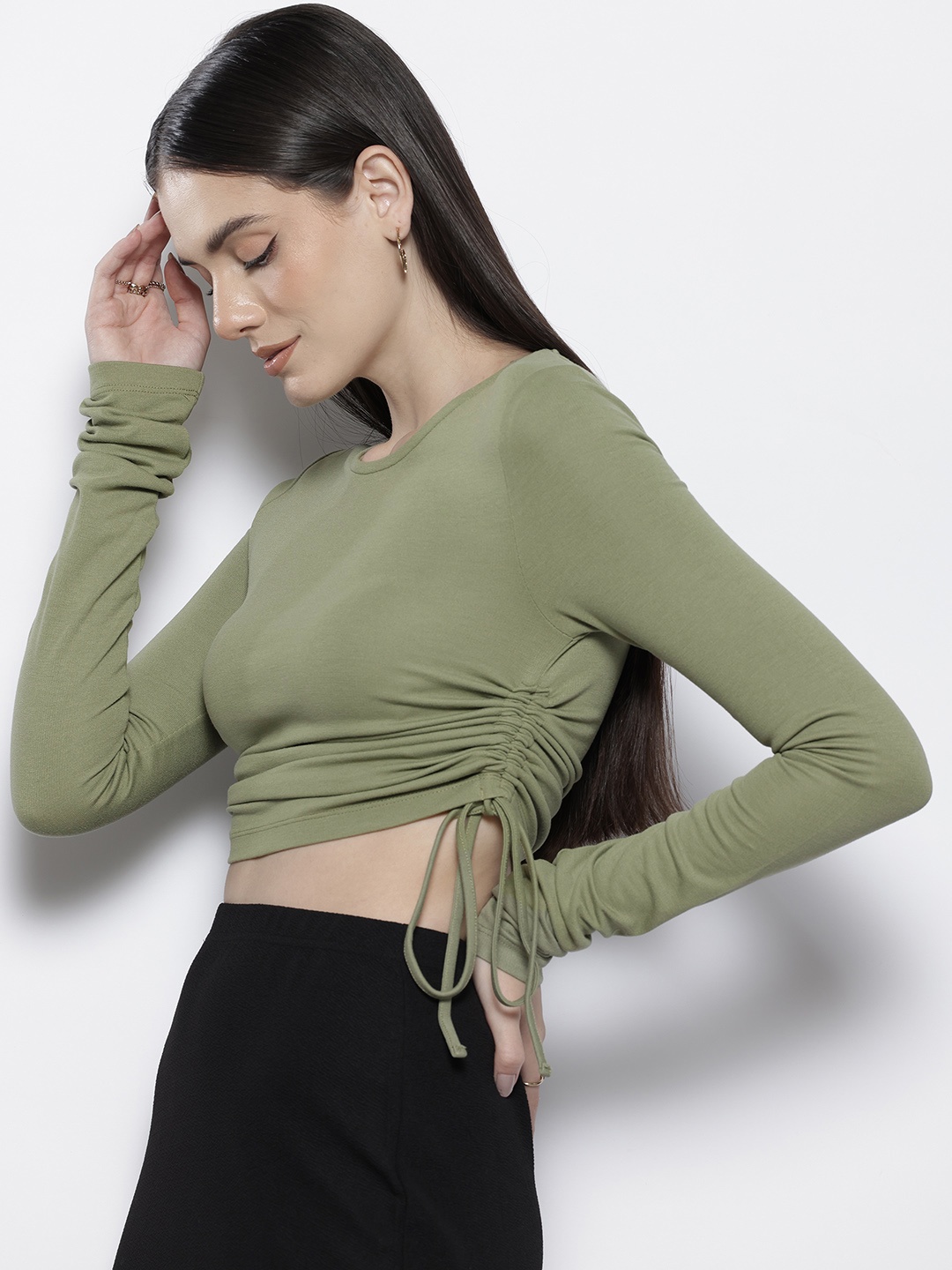 

NA-KD Drawstring Detail Crop Top, Olive