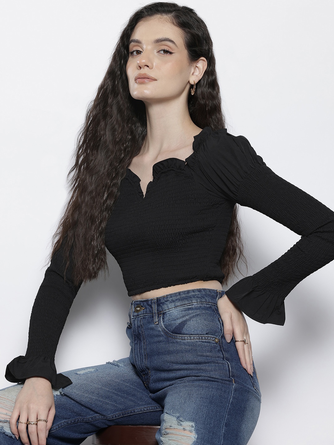

NA-KD Bell Sleeve Smocked Crop Top, Black