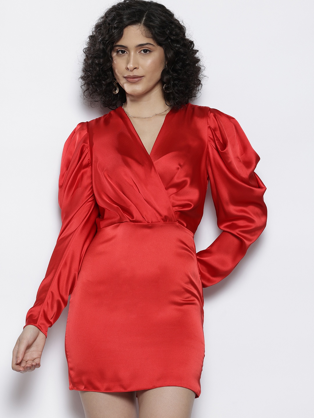 

NA-KD Puff Sleeve Satin Bodycon Mini Dress, Red