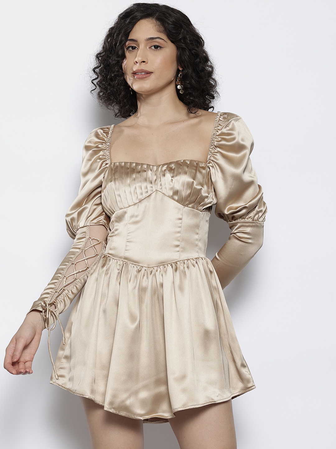 

NA-KD Puff Sleeve Satin Mini Fit & Flare Dress, Champagne