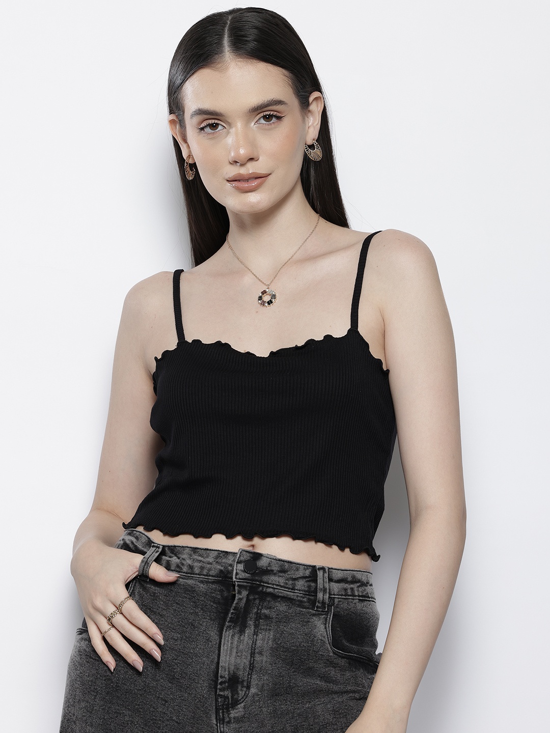 

NA-KD Lettuce Hem Camisole Top, Black