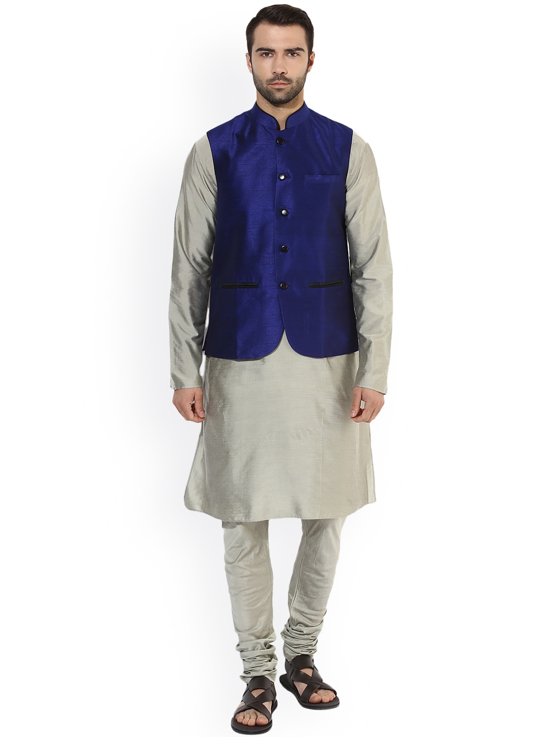

KISAH Men Grey & Navy Blue Solid Kurta Waistcoat with Churidar
