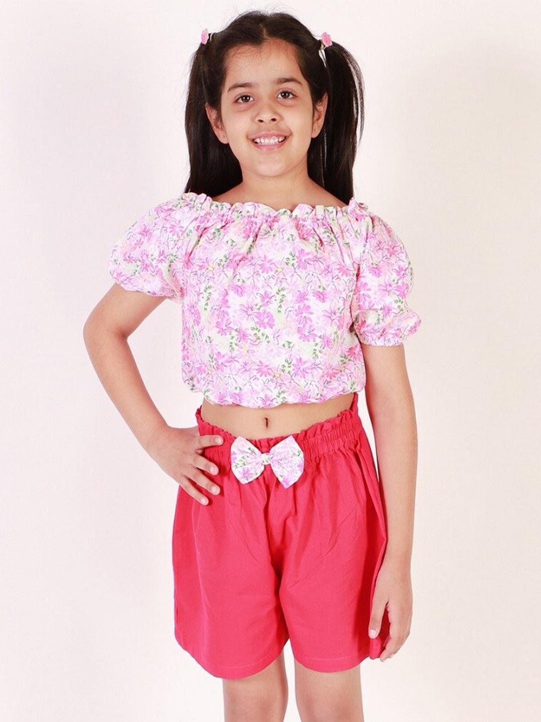 

M'andy Girls Printed Pure Cotton Top with Shorts, White