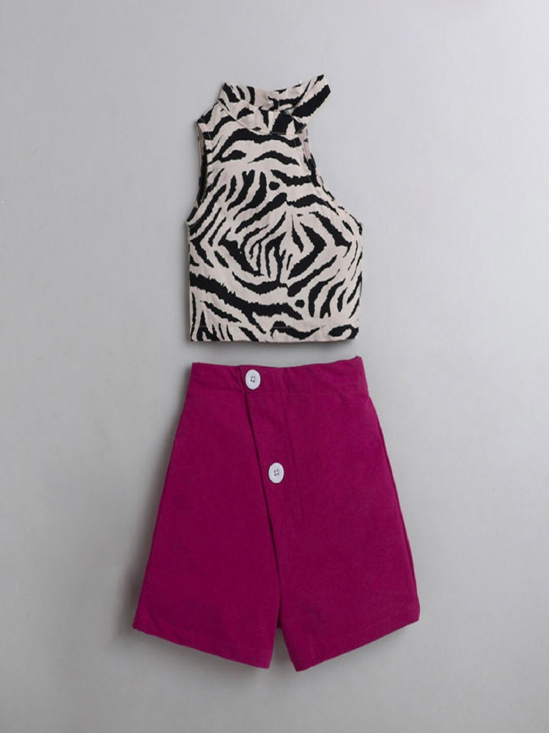 

M'andy Girls Printed Mandarin Collar Top with Shorts, Magenta