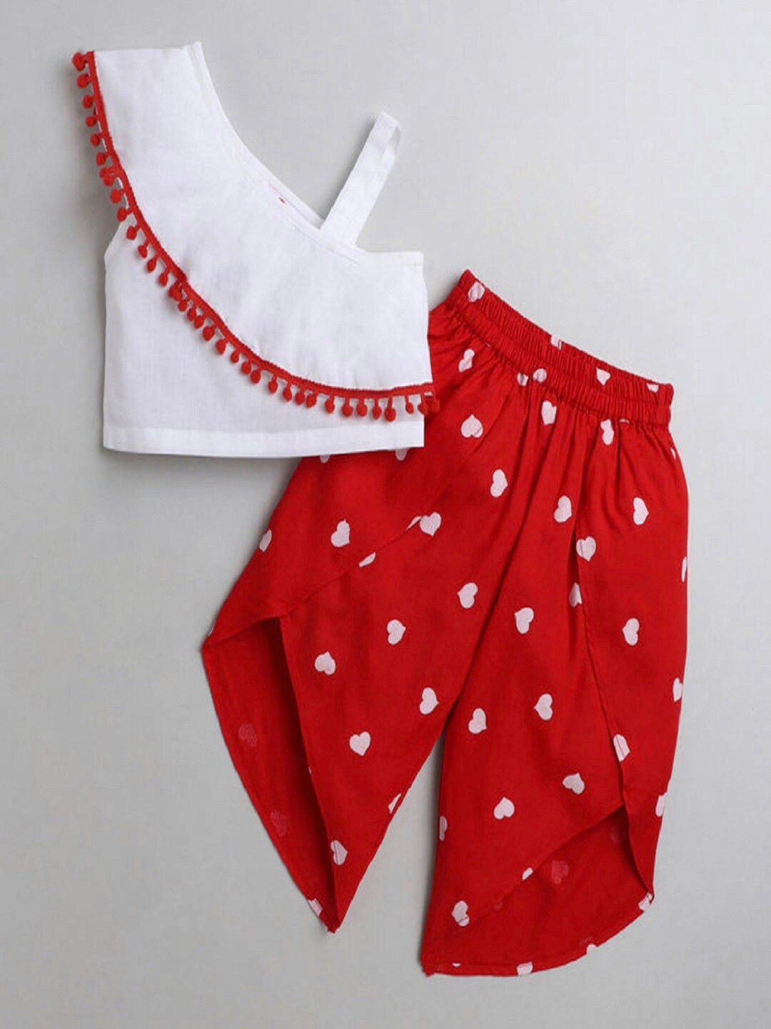 

M'andy Girls Pure Cotton One Shoulder Top With Printed Pyjamas, Red
