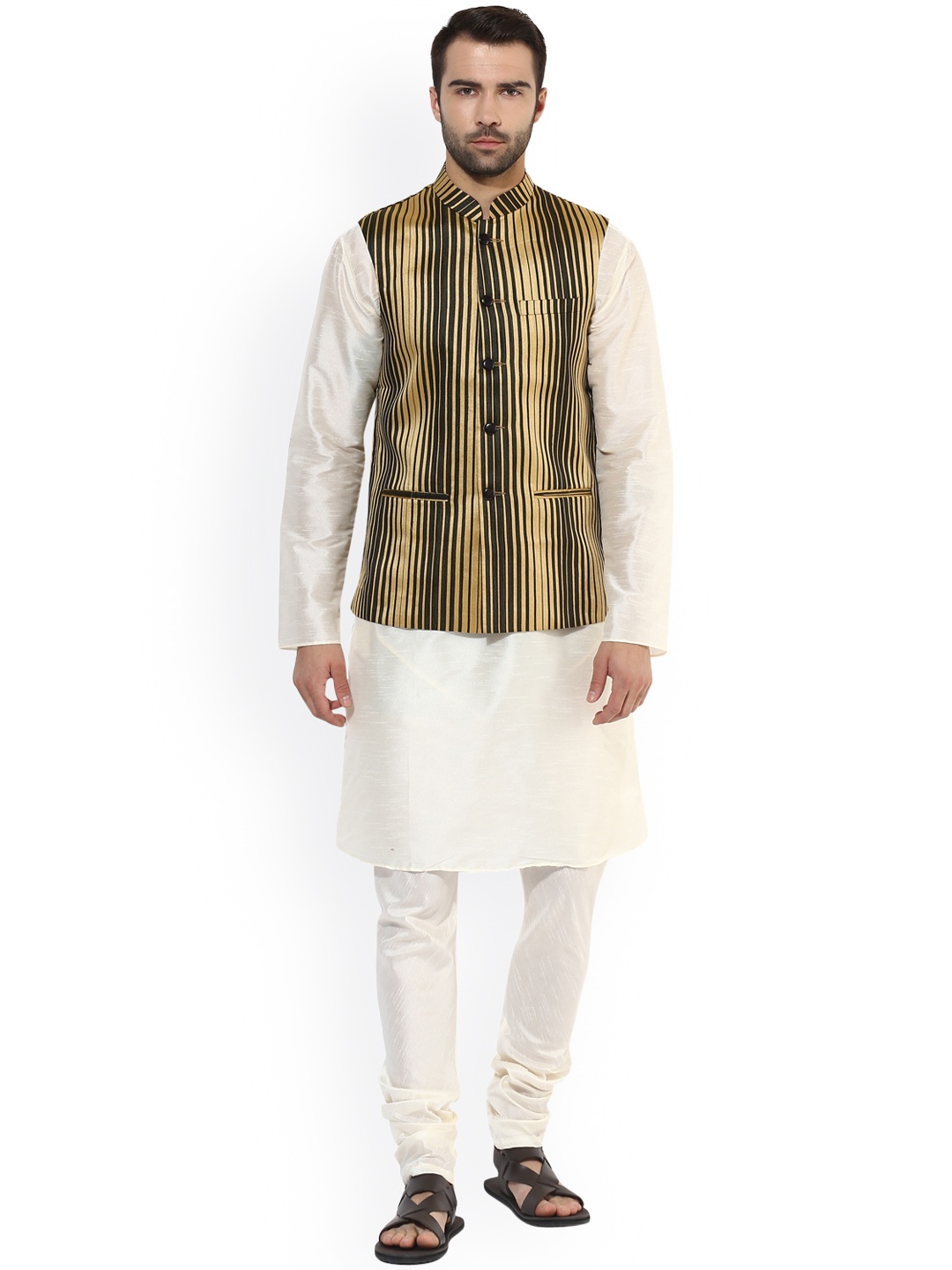 

KISAH Men Off-White & Yellow Self Design Kurta Waistcoat with Churidar