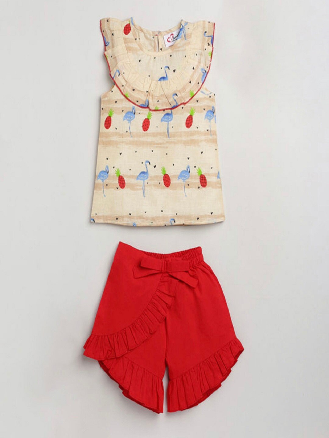 

M'andy Girls Printed Pure Cotton Top with Shorts, Tan