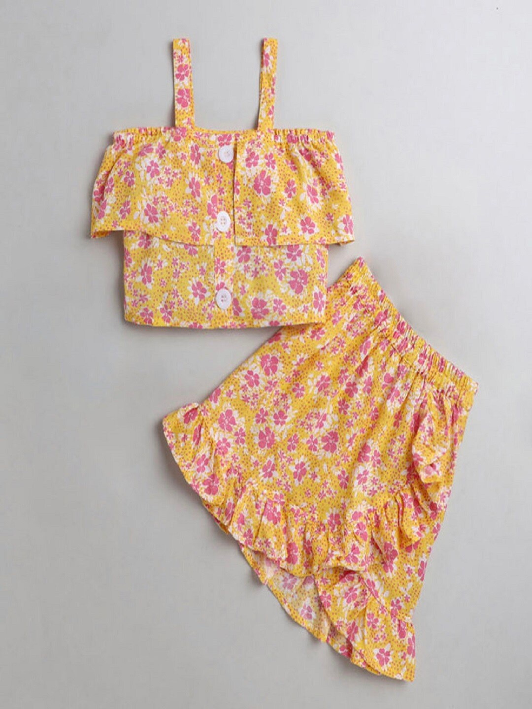 

M'andy Girls Printed Shoulder Straps Top with Skirt, Yellow