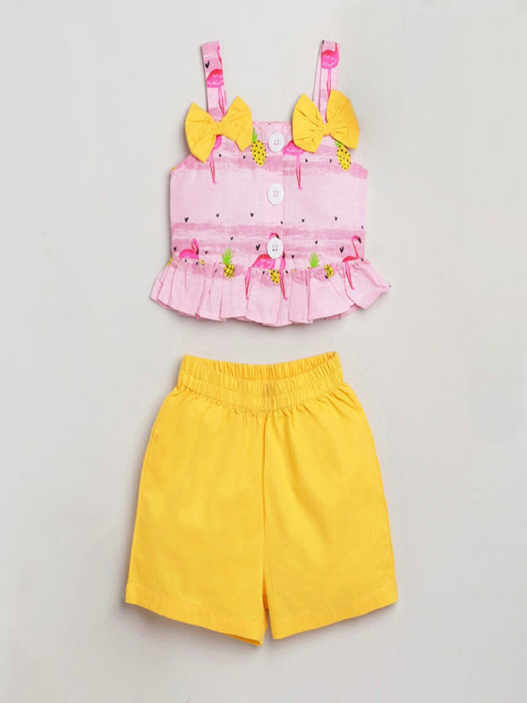 

M'andy Girls Printed Shoulder Straps Pure Cotton Top with Shorts, Yellow