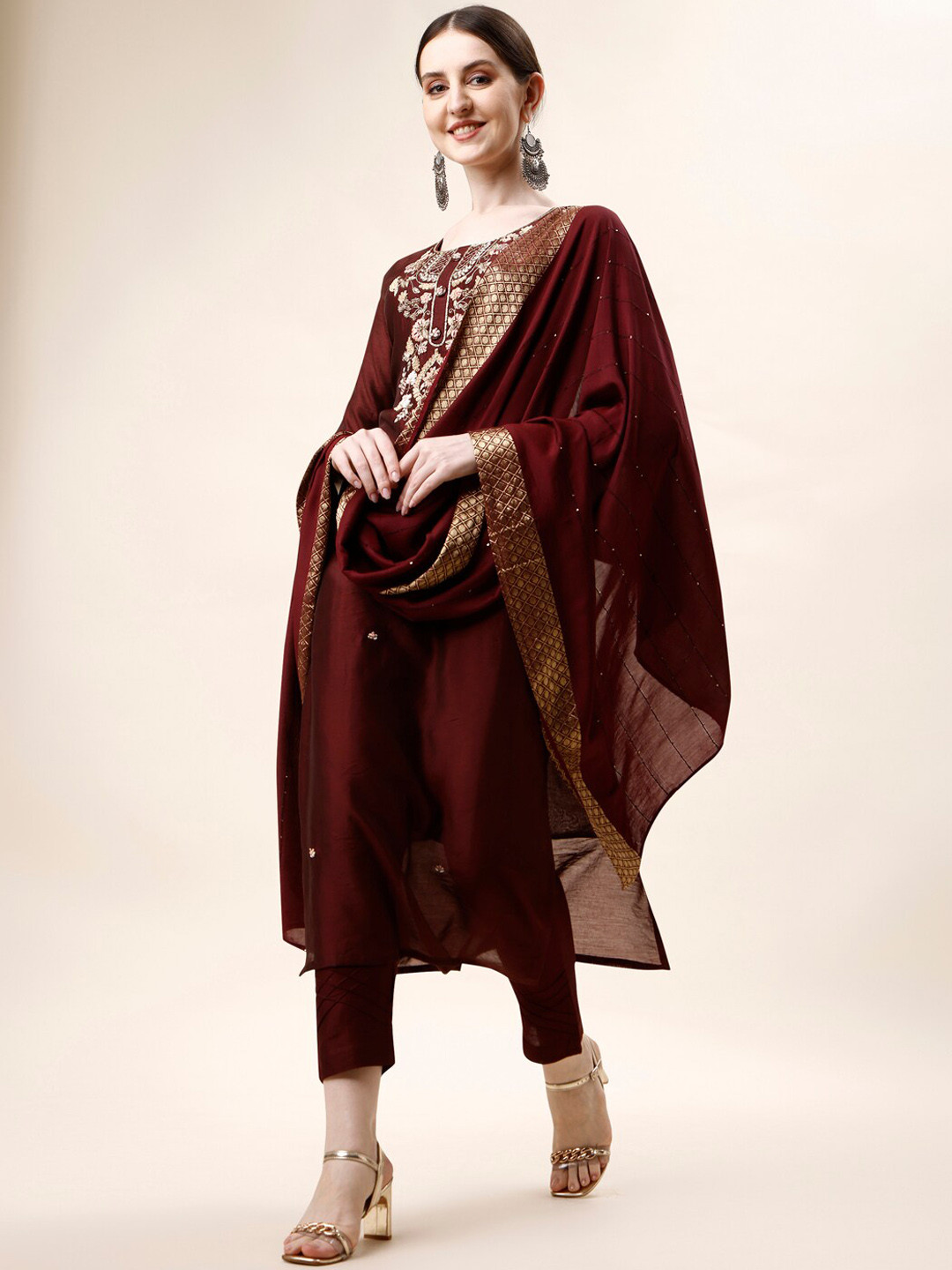 

Berrylicious Ethnic Embroidered Straight Chanderi Cotton Kurta & Trousers With Dupatta, Maroon