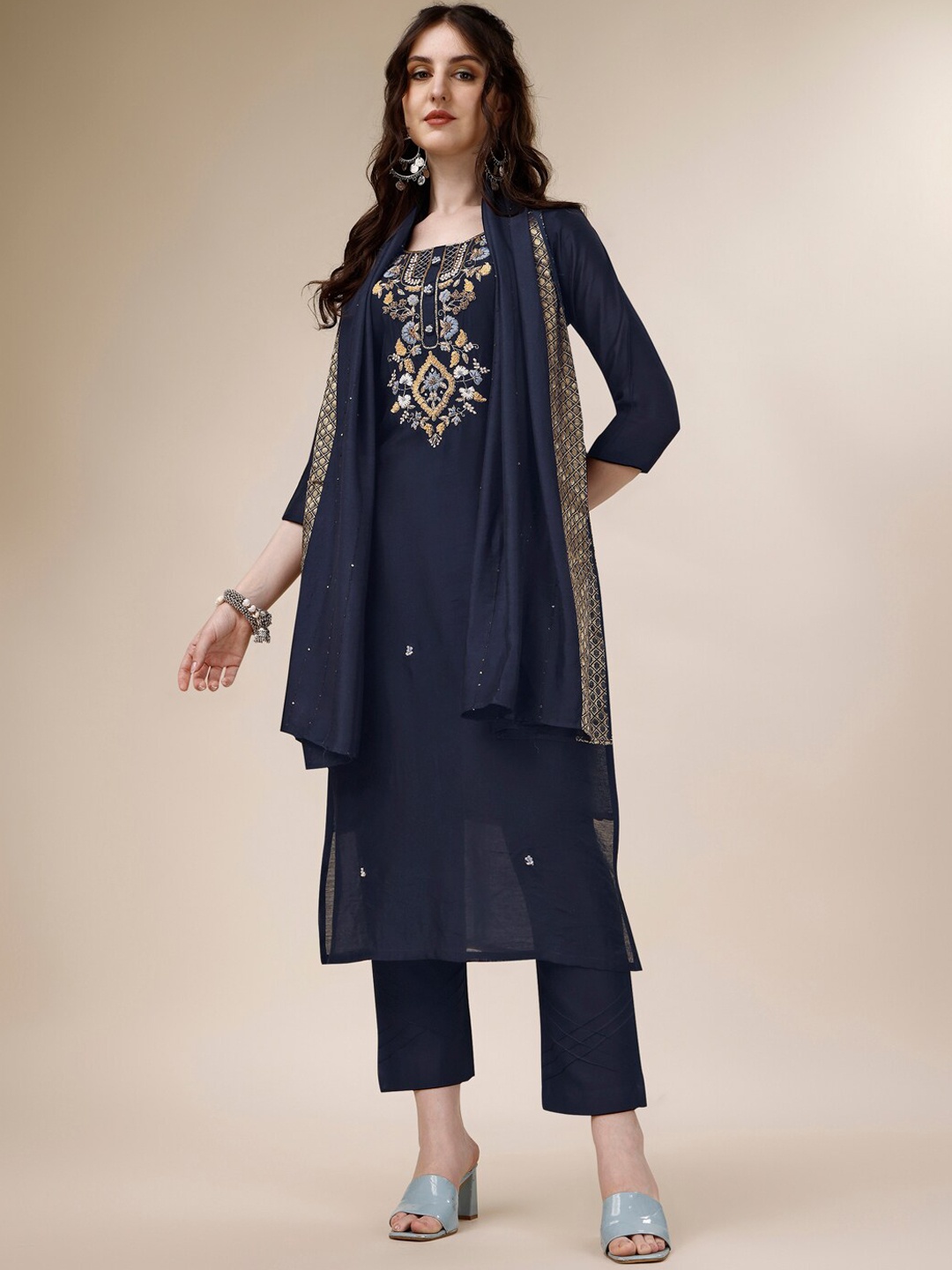 

Berrylicious Ethnic Embroidered Straight Chanderi Cotton Kurta & Trousers With Dupatta, Navy blue